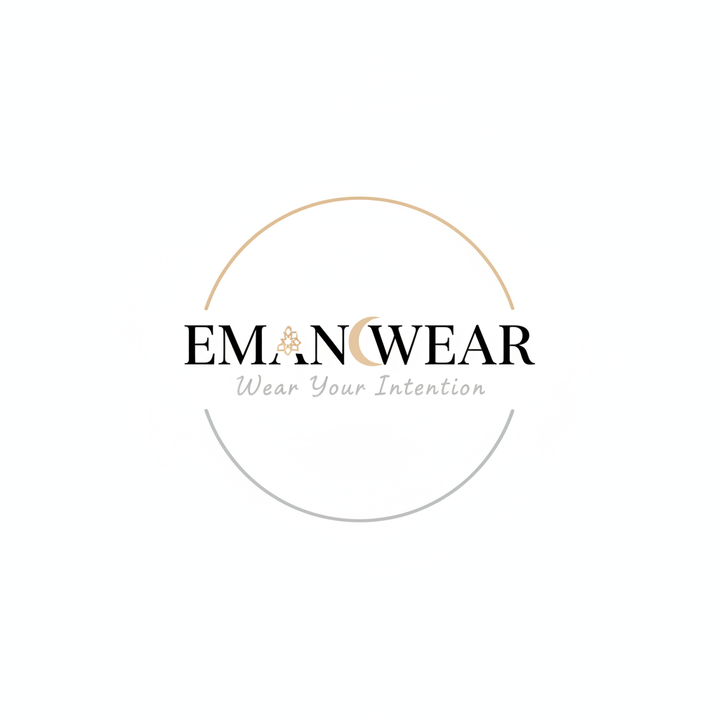 "Minimalist logo for 'Eman Wear' with tagline 'Wear Your Intention'. Islamic, modest fashion brand. Clean, modern, unisex, neutral colors (black, white, sand, grey). Optional subtle crescent or geometric accent. Elegant and meaningful."